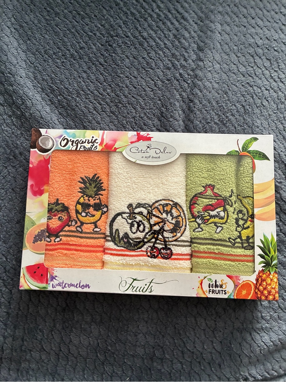 Soft Fruit Pattern Kids or Kitchen Towel Set - Orange, Cream & Green